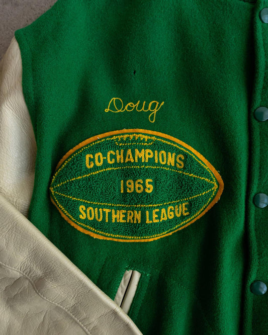 Vintage 60s Green Wool Varsity Jacket M Letter Chenille Patch 1965 Southern League Football Co-Champions Men's Size 44 - M/L