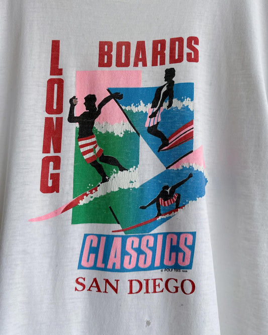 Vintage 80s Poly Tees Hawaii San Diego Long Boards T Shirt Single Stitch Distressed Men's L