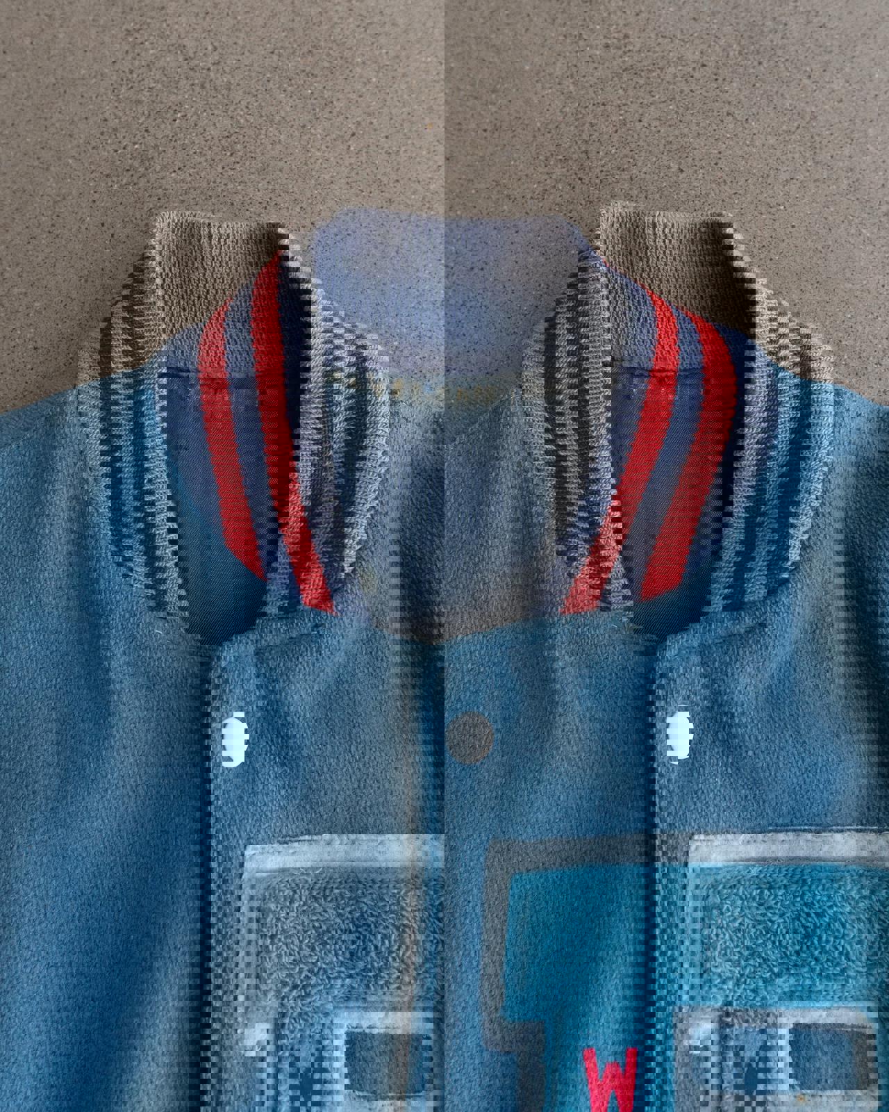 Vintage 70s 80s Blue Wool Varsity Jacket P Letter Chenille Patch Men's L Made In USA