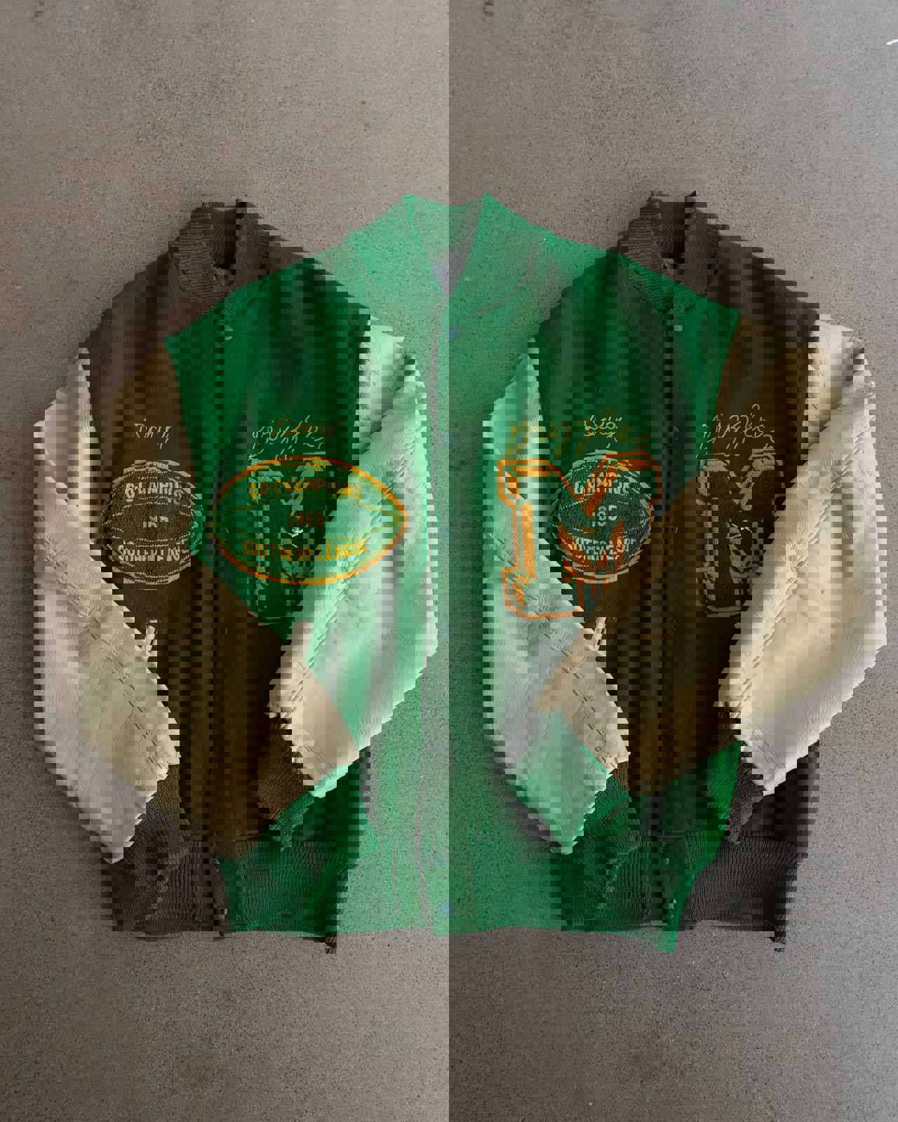 Vintage 60s Green Wool Varsity Jacket M Letter Chenille Patch 1965 Southern League Football Co-Champions Men's Size 44 - M/L