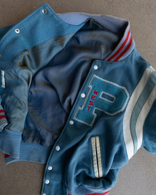 Vintage 70s 80s Blue Wool Varsity Jacket P Letter Chenille Patch Men's L Made In USA