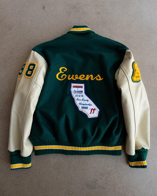 Vintage 90s Forest Green Wool Leather Varsity Jacket SB Letter Chenille Patch Cross Country Champions Men's L Made In USA
