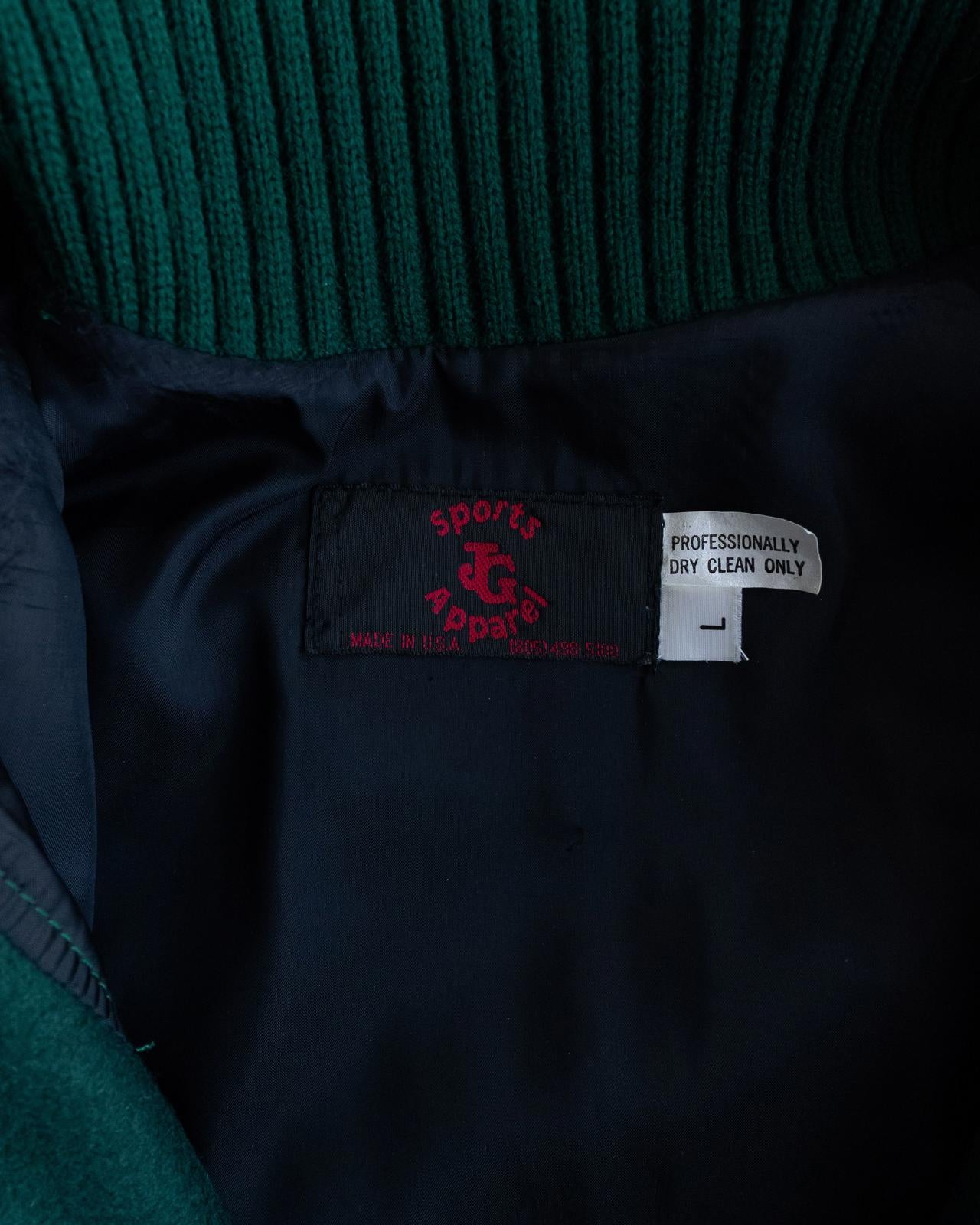 Vintage 90s Forest Green Wool Leather Varsity Jacket SB Letter Chenille Patch Cross Country Champions Men's L Made In USA