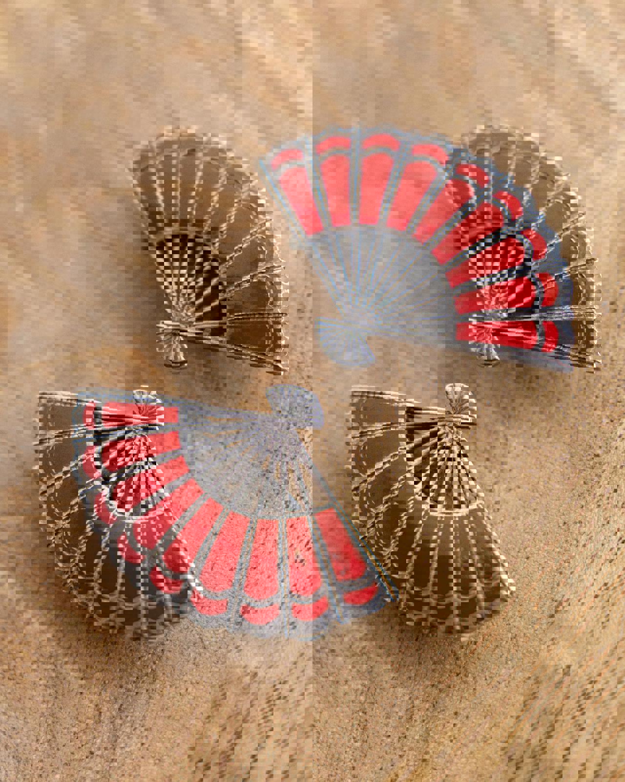 Vintage Sterling Silver Enamel Fan Earrings Red Silver Clip Ons