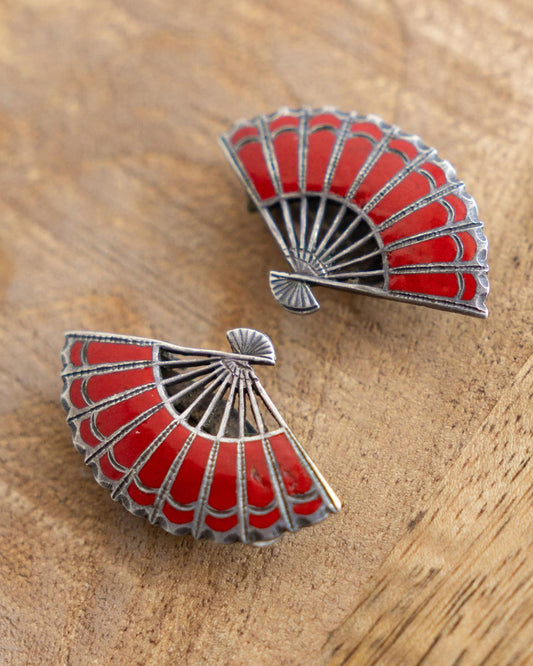 Vintage Sterling Silver Enamel Fan Earrings Red Silver Clip Ons