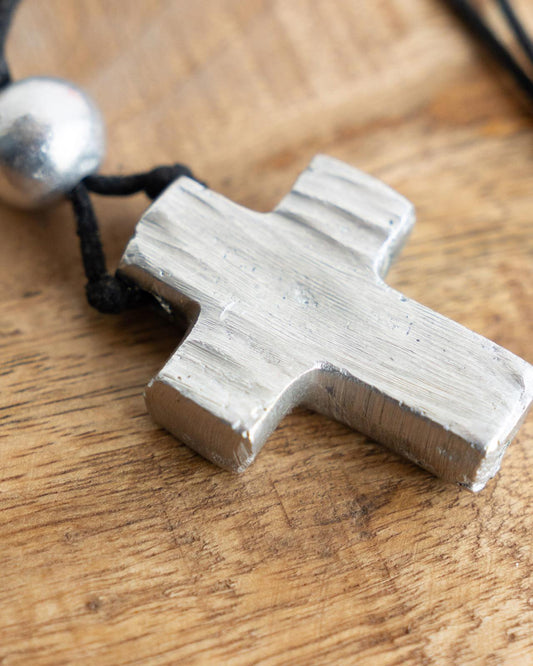 Vintage Brushed Silver Steel Cross Pendant Necklace