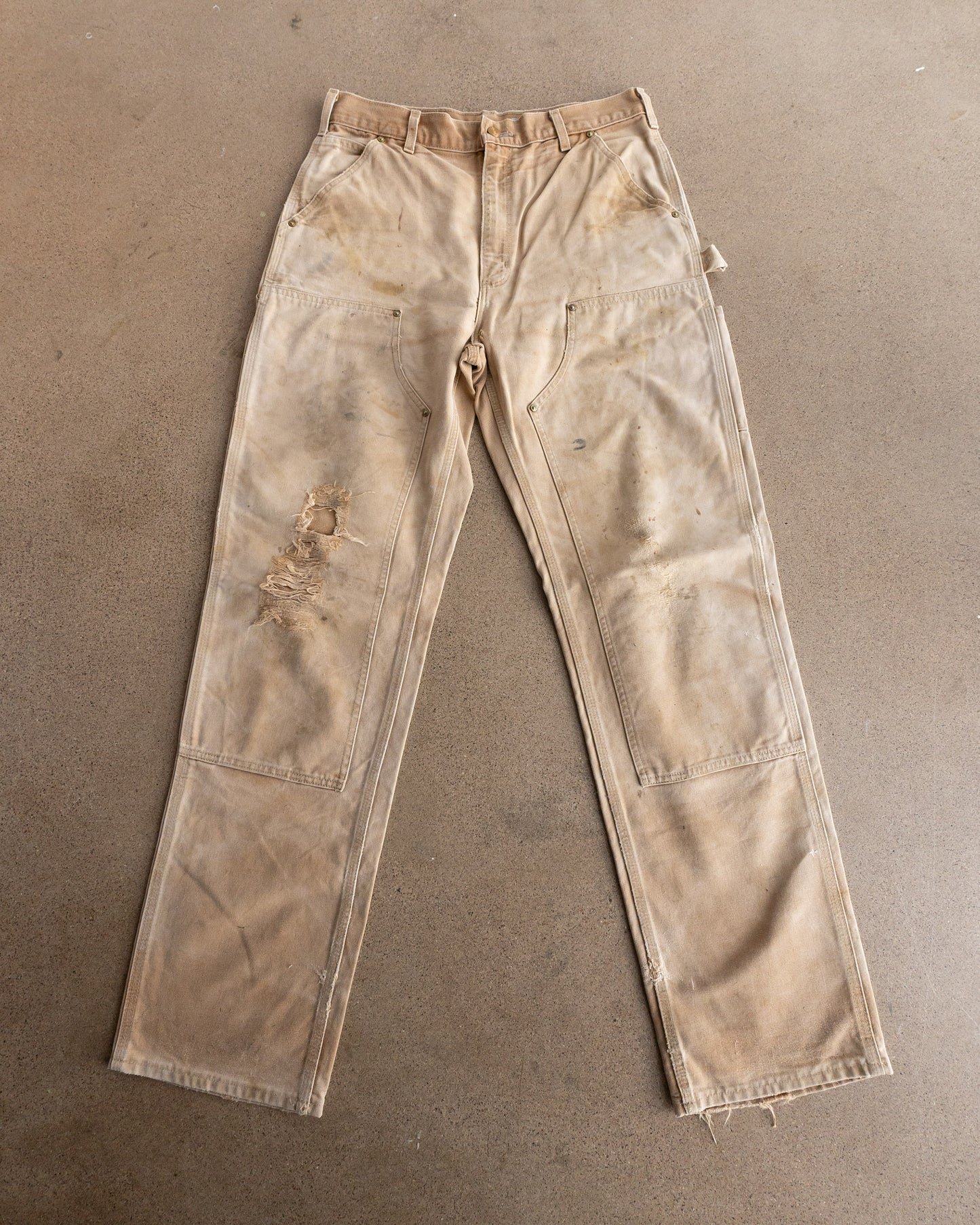 Vintage Carhartt Double Knee Carpenter Pants Workwear Distressed Sun Faded Thrashed Men's 32x34 Tan Beige