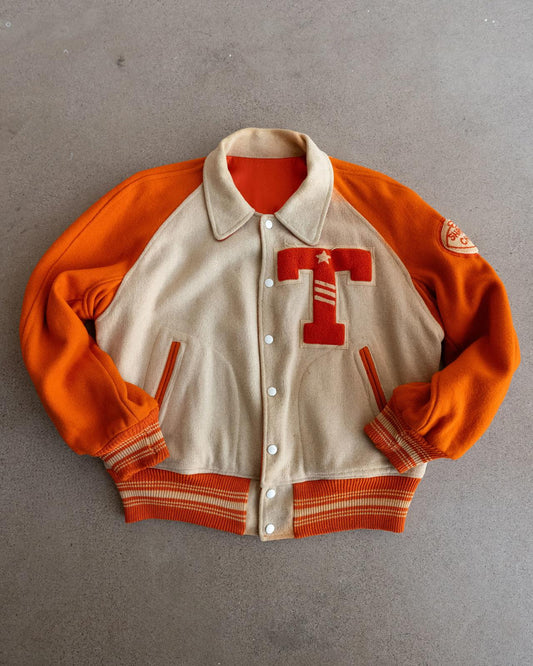 Vintage 40s 50s Orange Reversible Wool Satin Varsity Jacket T Letter Chenille Patch Men's 46 - L/XL Made In USA