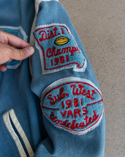 Vintage 70s 80s Blue Wool Varsity Jacket P Letter Chenille Patch Men's L Made In USA