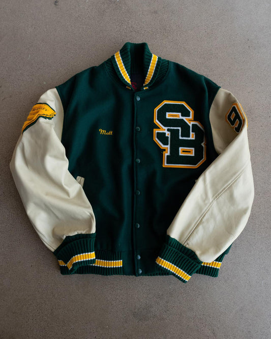 Vintage 90s Forest Green Wool Leather Varsity Jacket SB Letter Chenille Patch Cross Country Champions Men's L Made In USA