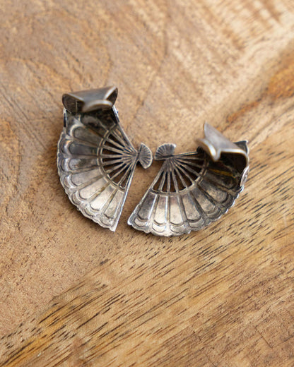 Vintage Sterling Silver Enamel Fan Earrings Red Silver Clip Ons