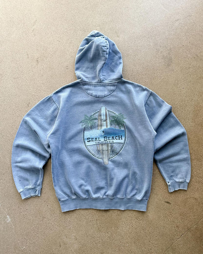 Vintage Seal Beach California Hoodie Men's M Y2K Surf Style Grunge Distressed