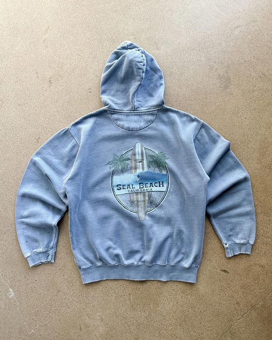 Vintage Seal Beach California Hoodie Men's M Y2K Surf Style Grunge Distressed
