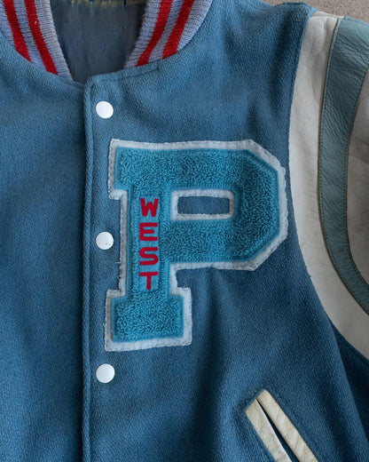 Vintage 70s 80s Blue Wool Varsity Jacket P Letter Chenille Patch Men's L Made In USA