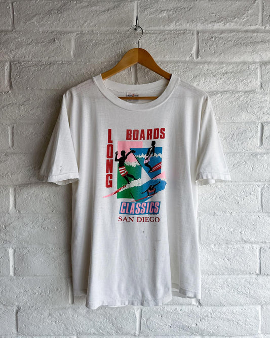 Vintage 80s Poly Tees Hawaii San Diego Long Boards T Shirt Single Stitch Distressed Men's L