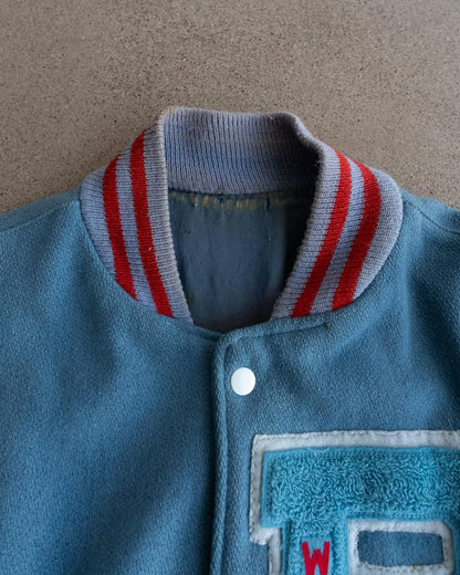 Vintage 70s 80s Blue Wool Varsity Jacket P Letter Chenille Patch Men's L Made In USA