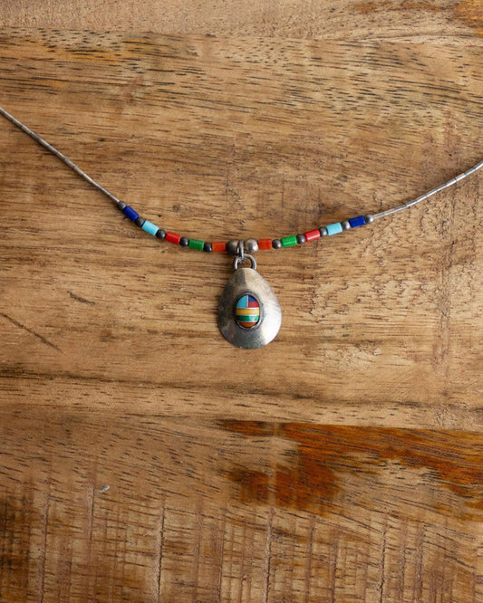 Vintage Native American Navajo Sterling Silver Multi-Stone Inlay Necklace Southwestern