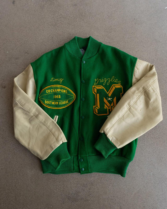 Vintage 60s Green Wool Varsity Jacket M Letter Chenille Patch 1965 Southern League Football Co-Champions Men's Size 44 - M/L