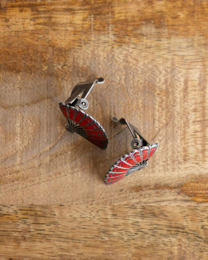 Vintage Sterling Silver Enamel Fan Earrings Red Silver Clip Ons