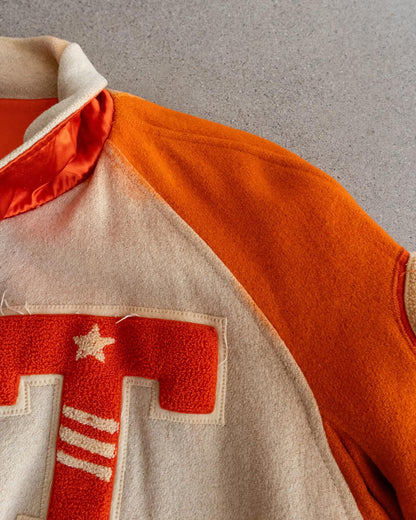 Vintage 40s 50s Orange Reversible Wool Satin Varsity Jacket T Letter Chenille Patch Men's 46 - L/XL Made In USA