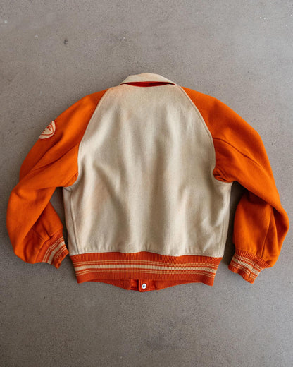 Vintage 40s 50s Orange Reversible Wool Satin Varsity Jacket T Letter Chenille Patch Men's 46 - L/XL Made In USA