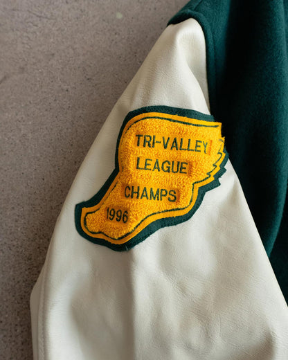 Vintage 90s Forest Green Wool Leather Varsity Jacket SB Letter Chenille Patch Cross Country Champions Men's L Made In USA