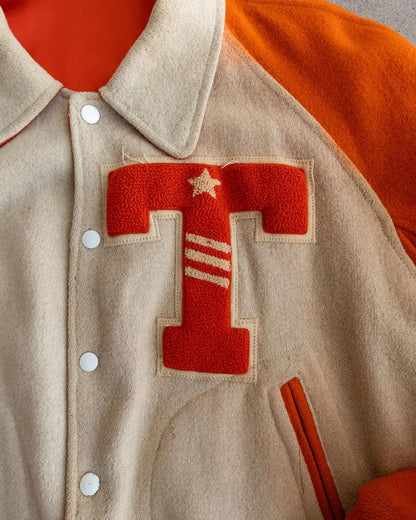 Vintage 40s 50s Orange Reversible Wool Satin Varsity Jacket T Letter Chenille Patch Men's 46 - L/XL Made In USA