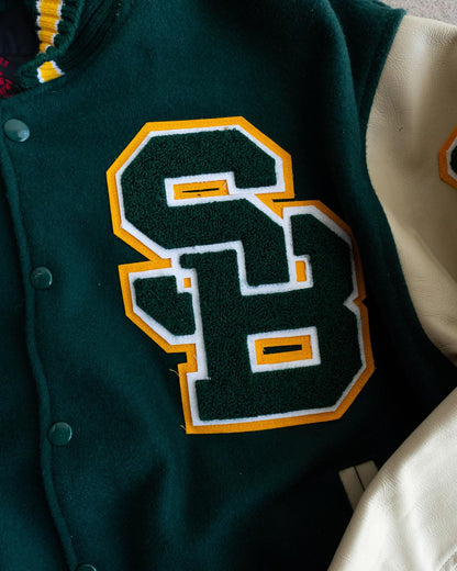 Vintage 90s Forest Green Wool Leather Varsity Jacket SB Letter Chenille Patch Cross Country Champions Men's L Made In USA