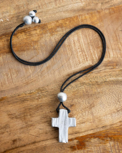 Vintage Brushed Silver Steel Cross Pendant Necklace