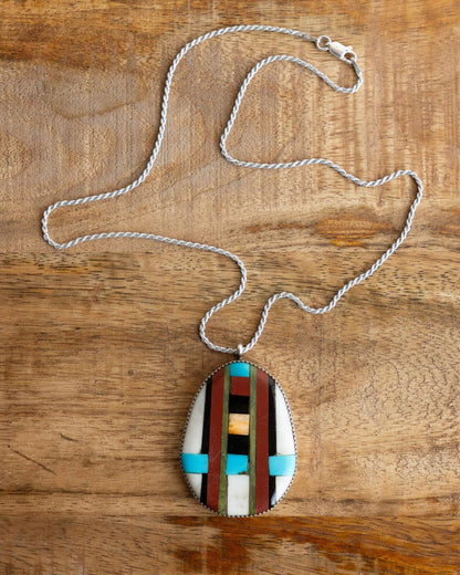 Vintage Native American Navajo Sterling Silver Tremendous Multi Stone Inlay Necklace Signed RT