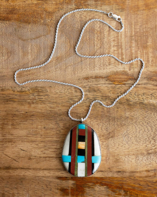 Vintage Native American Navajo Sterling Silver Tremendous Multi Stone Inlay Necklace Signed RT