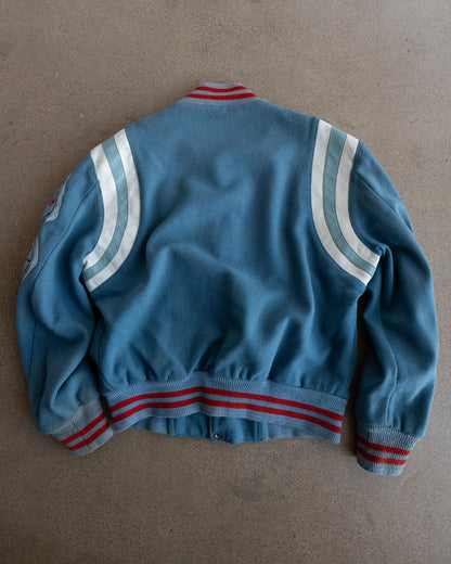 Vintage 70s 80s Blue Wool Varsity Jacket P Letter Chenille Patch Men's L Made In USA