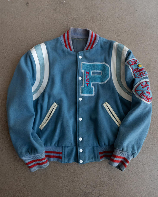 Vintage 70s 80s Blue Wool Varsity Jacket P Letter Chenille Patch Men's L Made In USA