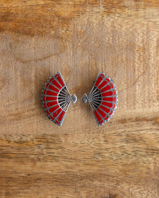 Vintage Sterling Silver Enamel Fan Earrings Red Silver Clip Ons