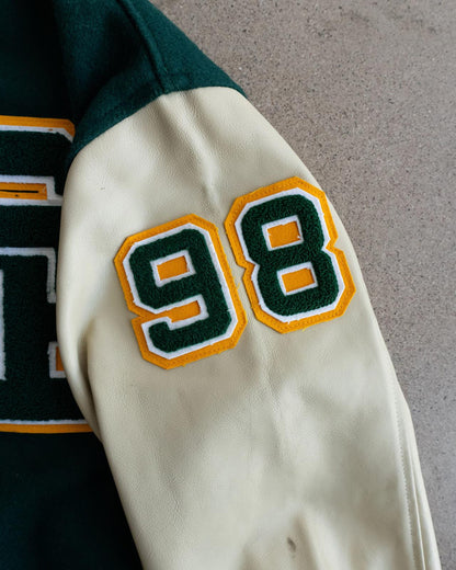 Vintage 90s Forest Green Wool Leather Varsity Jacket SB Letter Chenille Patch Cross Country Champions Men's L Made In USA