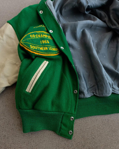 Vintage 60s Green Wool Varsity Jacket M Letter Chenille Patch 1965 Southern League Football Co-Champions Men's Size 44 - M/L