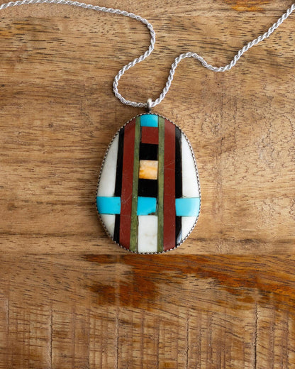 Vintage Native American Navajo Sterling Silver Tremendous Multi Stone Inlay Necklace Signed RT