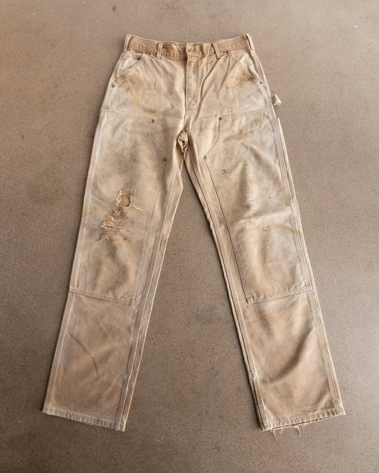 Vintage Carhartt Double Knee Carpenter Pants Workwear Distressed Sun Faded Thrashed Men's 32x34 Tan Beige
